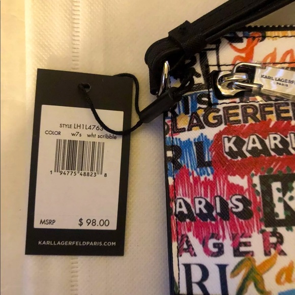 Karl Lagerfeld Faux Leather White,Black & Rainbow Scribble Wristlet NWT - Picture 5 of 10